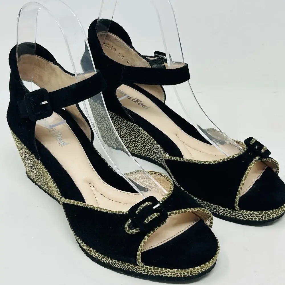 Beautifeel Sandals Black Size 38 Suede Ankle Strap Giraffe Print Wedge Heel